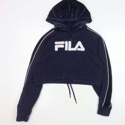 Fila Womens Navy Blue Cropped Hoodie Size 12 M Logo Drawstring Pullover