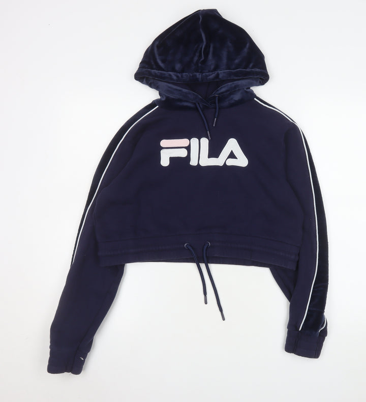 Fila Womens Navy Blue Cropped Hoodie Size 12 M Logo Drawstring Pullover