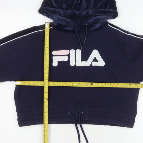 Fila Womens Navy Blue Cropped Hoodie Size 12 M Logo Drawstring Pullover