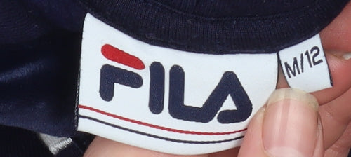 Fila Womens Navy Blue Cropped Hoodie Size 12 M Logo Drawstring Pullover