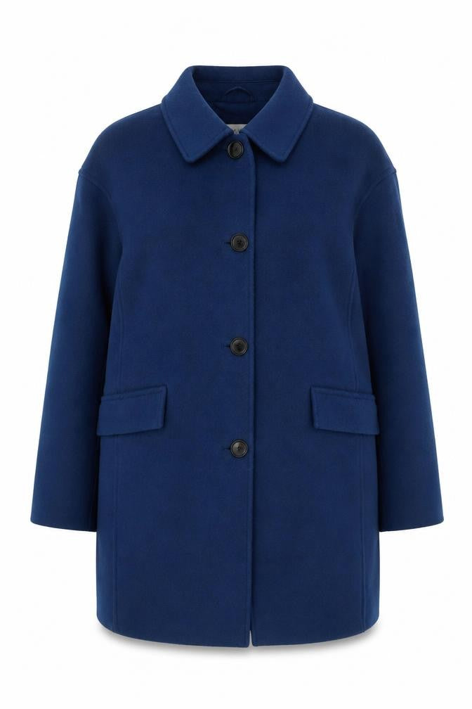Front view of Marks & Spencer women’s blue wool overcoat, size UK 14, regular