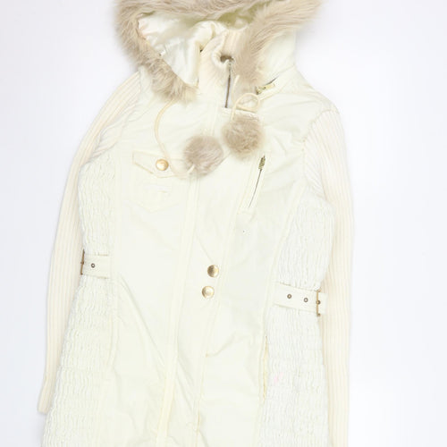 Next Women Ivory Faux Fur Hooded Belted Parka Coat UK 10