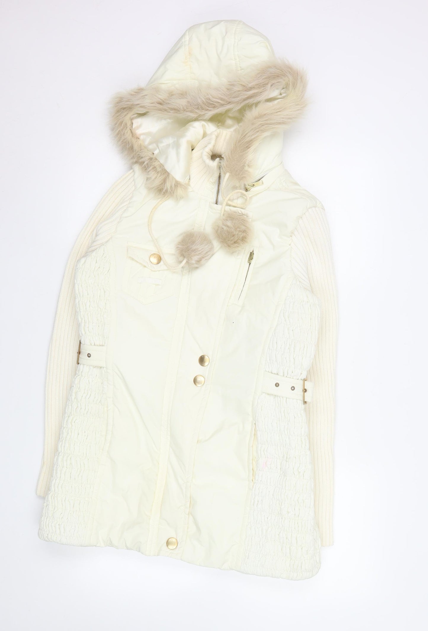 Next Women Ivory Faux Fur Hooded Belted Parka Coat UK 10