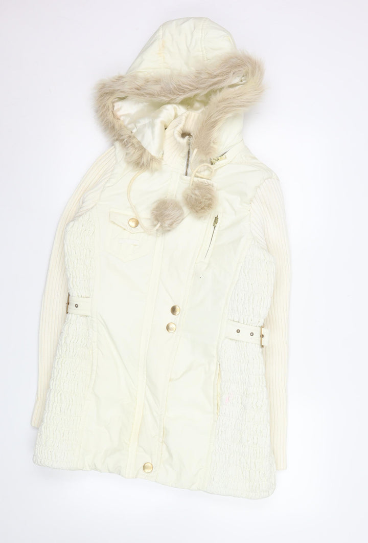 Next Women Ivory Faux Fur Hooded Belted Parka Coat UK 10