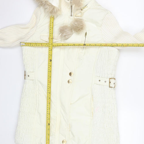 Next Women Ivory Faux Fur Hooded Belted Parka Coat UK 10