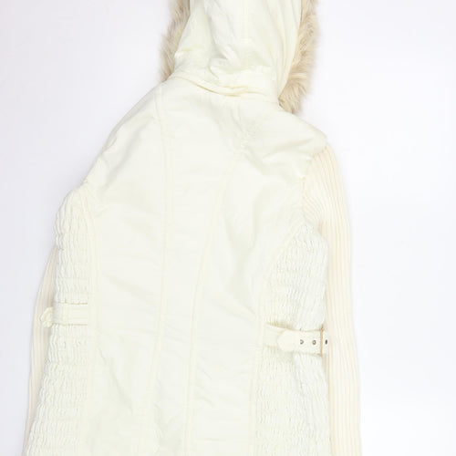 Next Women Ivory Faux Fur Hooded Belted Parka Coat UK 10