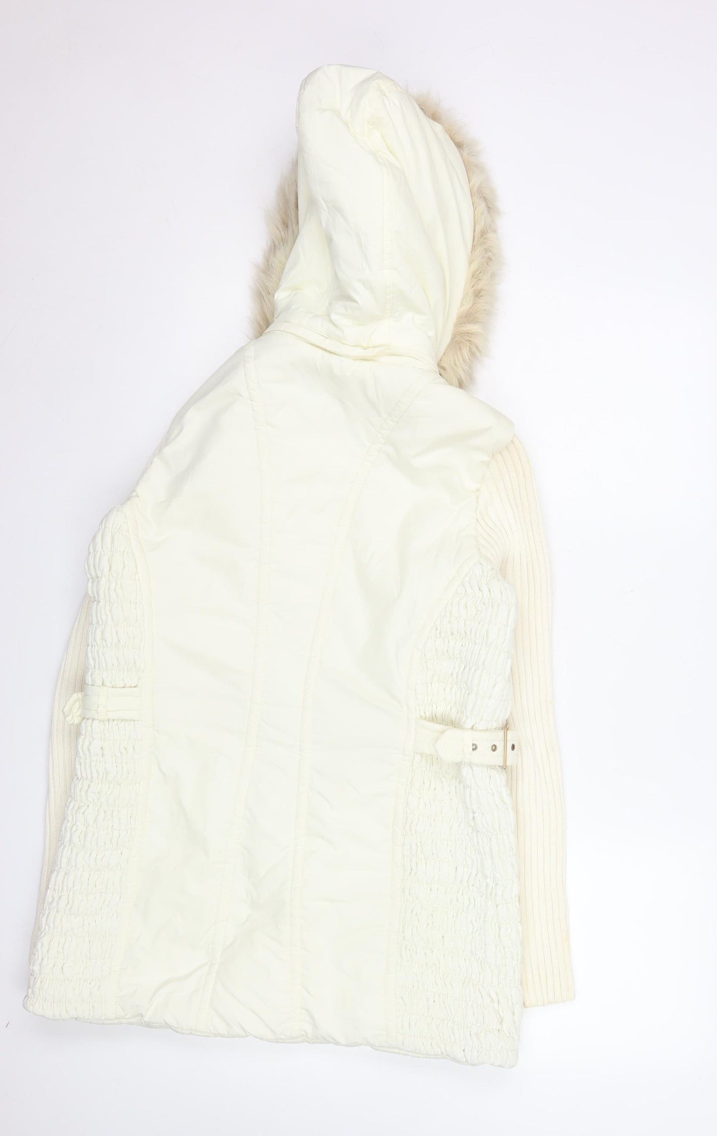Next Women Ivory Faux Fur Hooded Belted Parka Coat UK 10