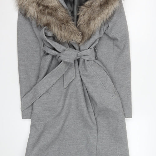 River Island Womens Grey Faux Fur Collar Belted Long Coat Size 12