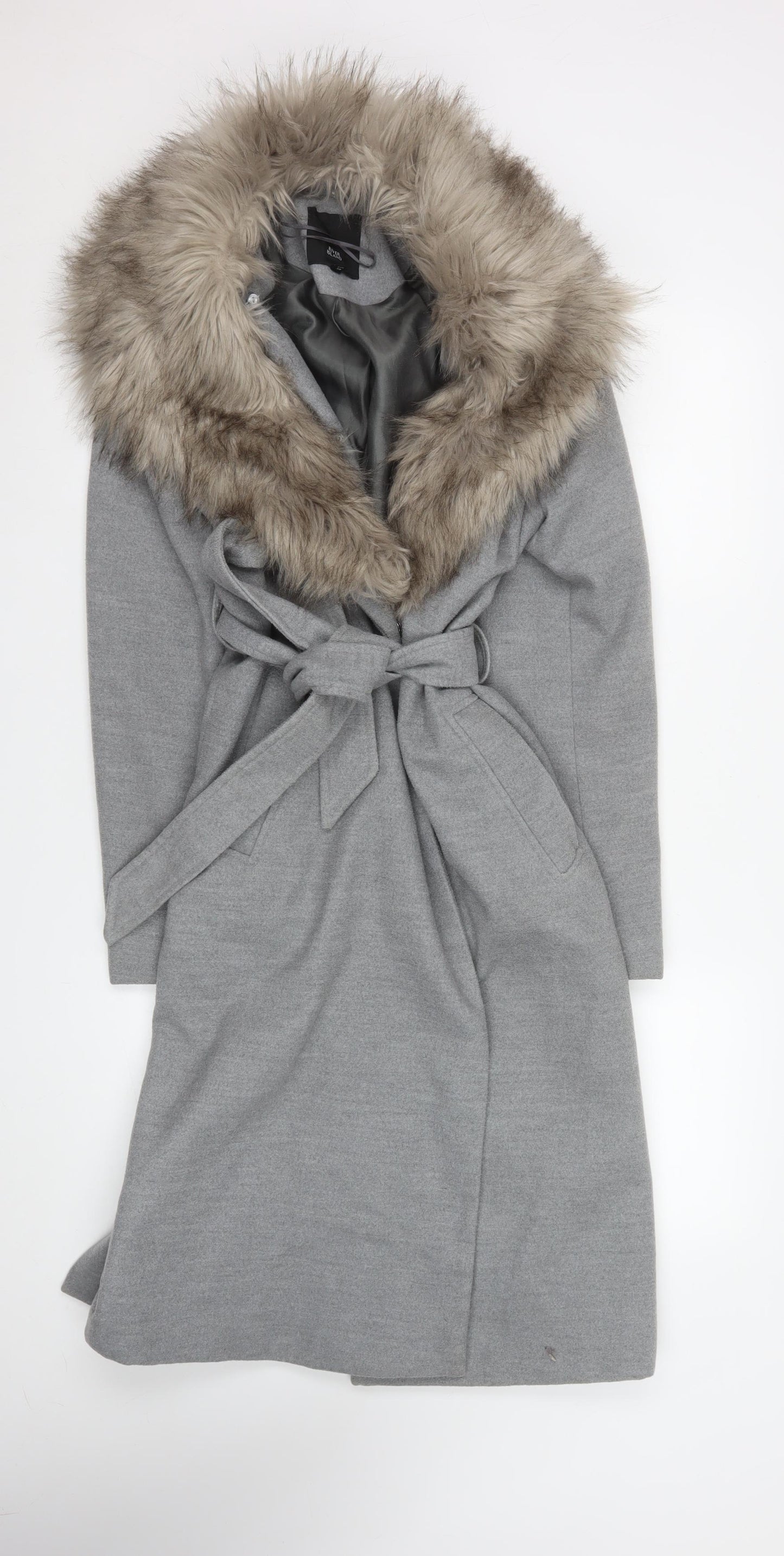 River Island Womens Grey Faux Fur Collar Belted Long Coat Size 12
