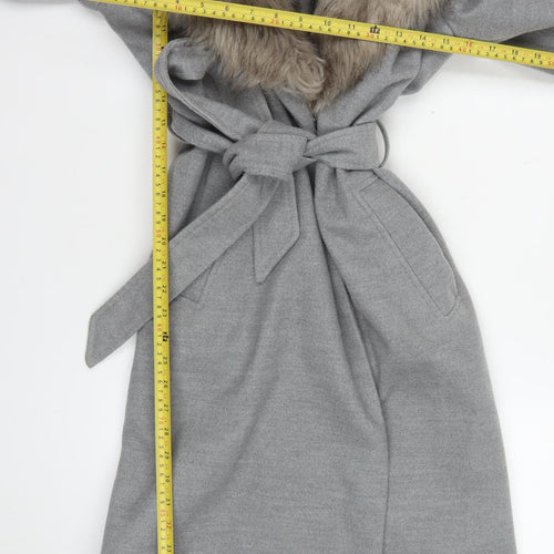 River Island Womens Grey Faux Fur Collar Belted Long Coat Size 12