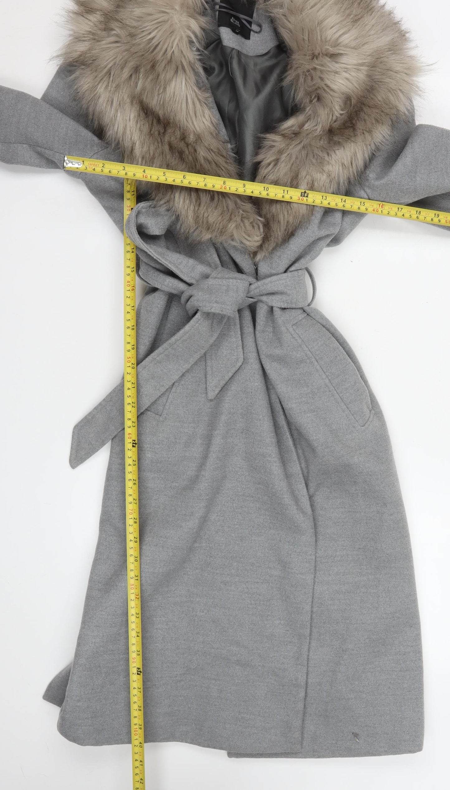 River Island Womens Grey Faux Fur Collar Belted Long Coat Size 12