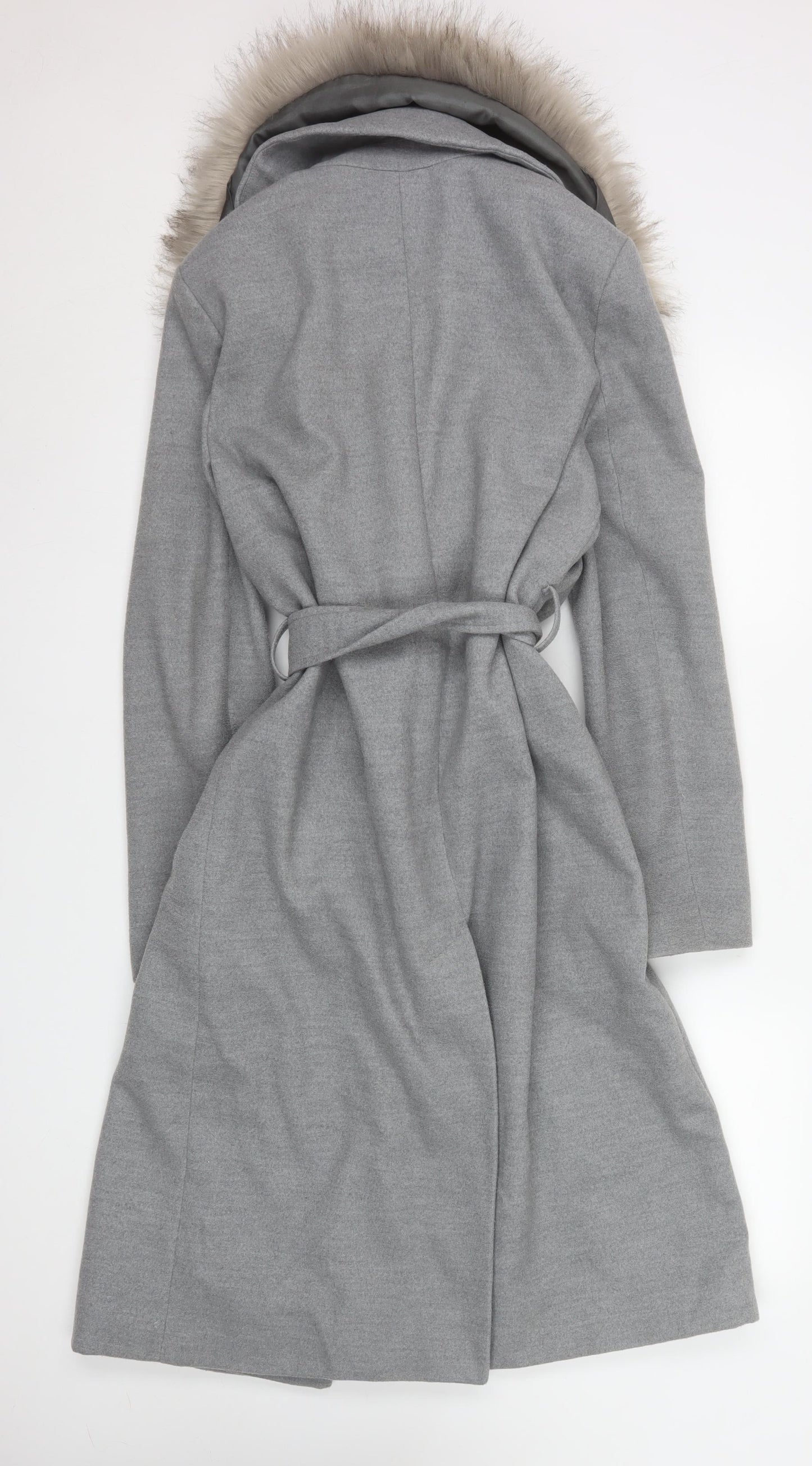River Island Womens Grey Faux Fur Collar Belted Long Coat Size 12