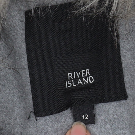 River Island Womens Grey Faux Fur Collar Belted Long Coat Size 12