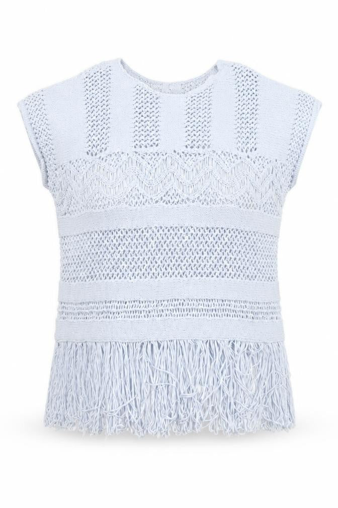 Front view of Marks & Spencer Women Blue Knit Fringe Blouse, size M