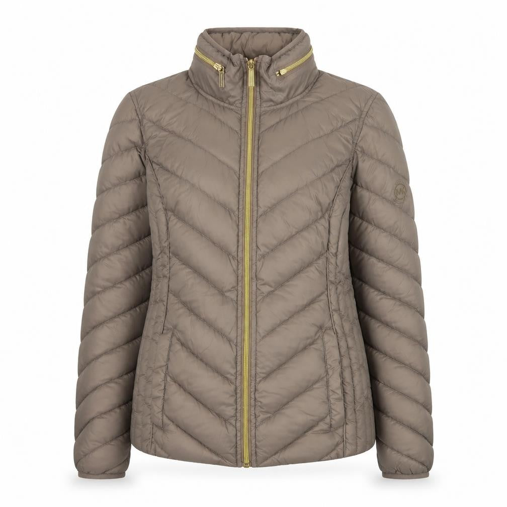 Front view of Michael Kors Women's Brown XS Puffer Jacket Lightweight Packable Down