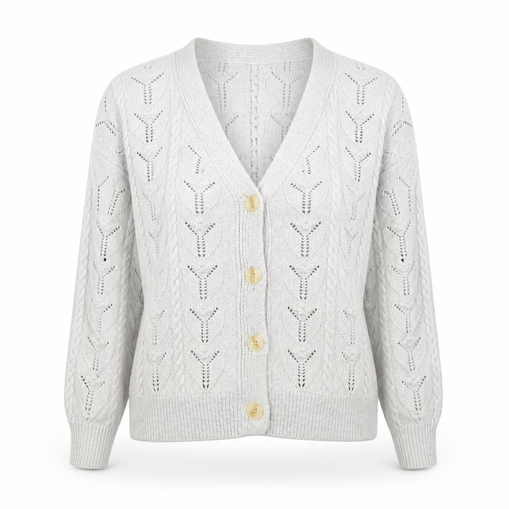 Front view of Marks & Spencer women’s grey cable knit button cardigan m