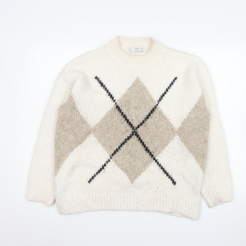 MNG Women's Beige Argyle Wool Blend Pullover Jumper Size L