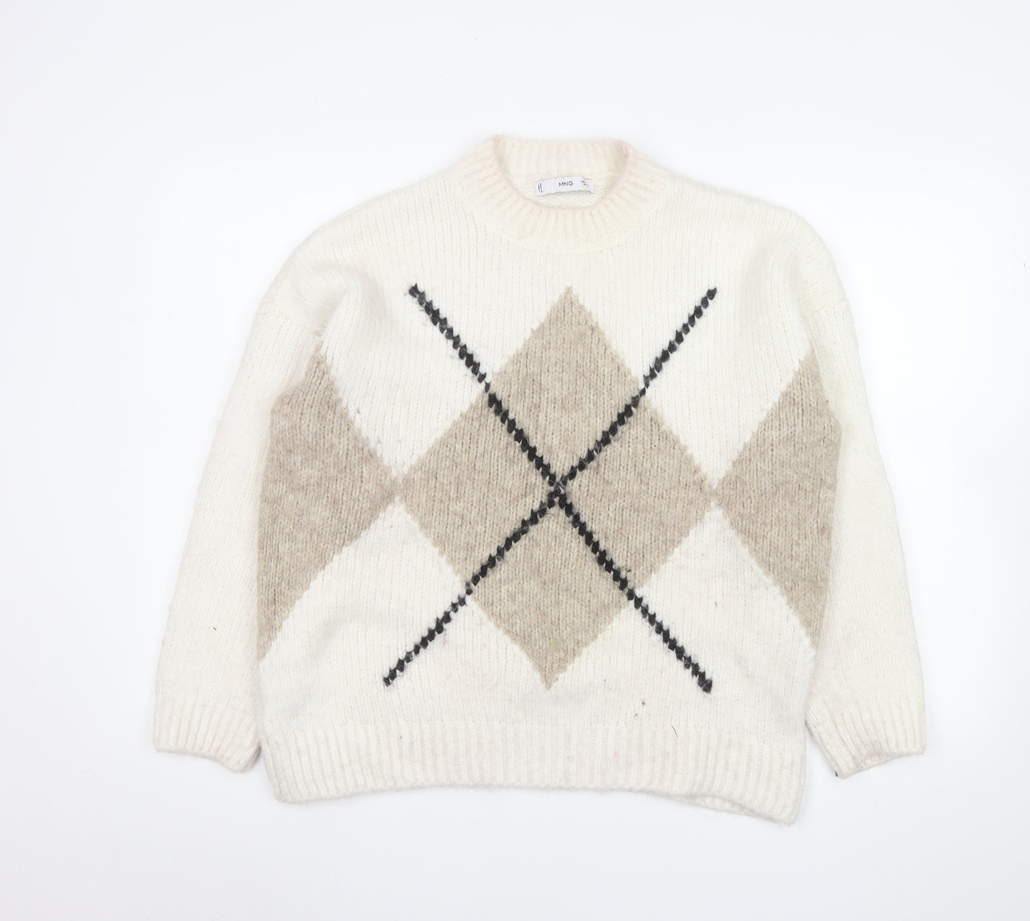 MNG Women's Beige Argyle Wool Blend Pullover Jumper Size L