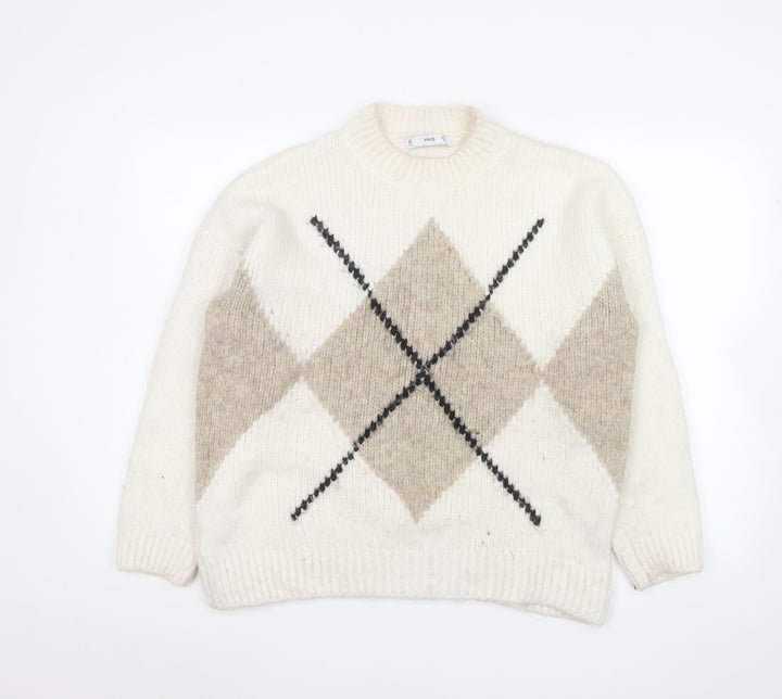 MNG Women's Beige Argyle Wool Blend Pullover Jumper Size L