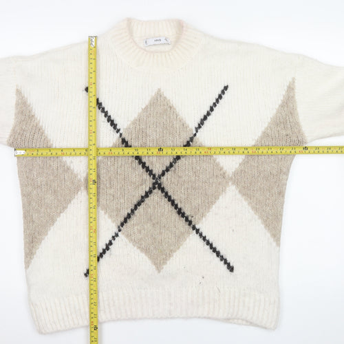 MNG Women's Beige Argyle Wool Blend Pullover Jumper Size L