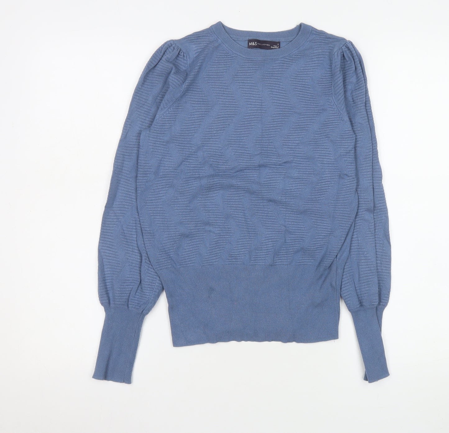 Marks and Spencer Women's Blue Crew Neck Puff Sleeve Jumper Size S