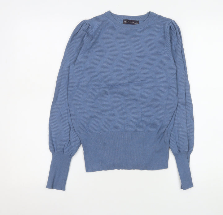 Marks and Spencer Women's Blue Crew Neck Puff Sleeve Jumper Size S