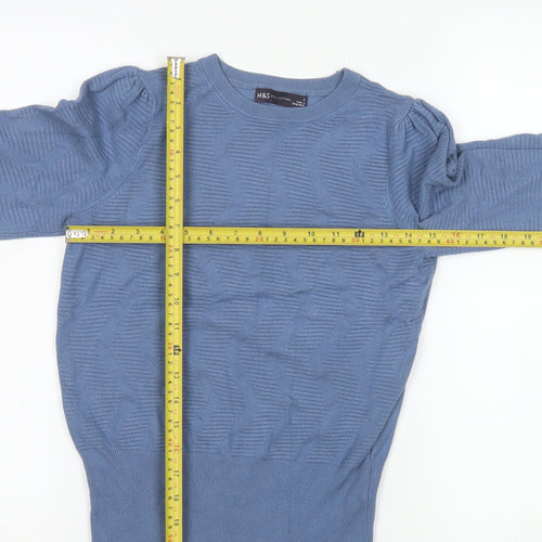 Marks and Spencer Women's Blue Crew Neck Puff Sleeve Jumper Size S