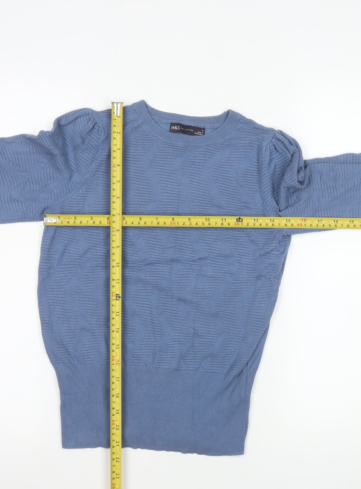 Marks and Spencer Women's Blue Crew Neck Puff Sleeve Jumper Size S