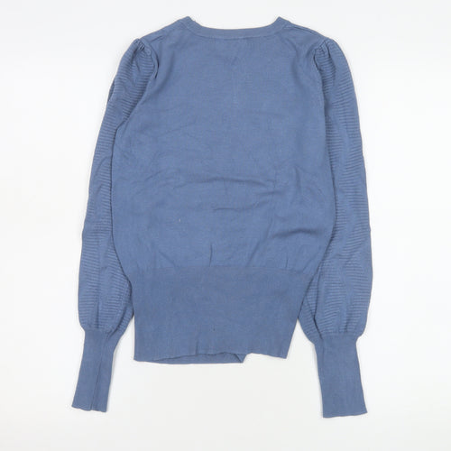 Marks and Spencer Women's Blue Crew Neck Puff Sleeve Jumper Size S
