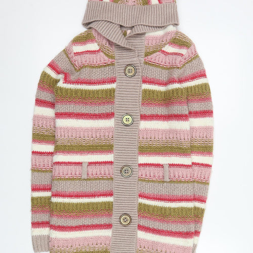 Next Girls Multicoloured Hooded Cardigan 11-12 Years Striped Knit Button Front