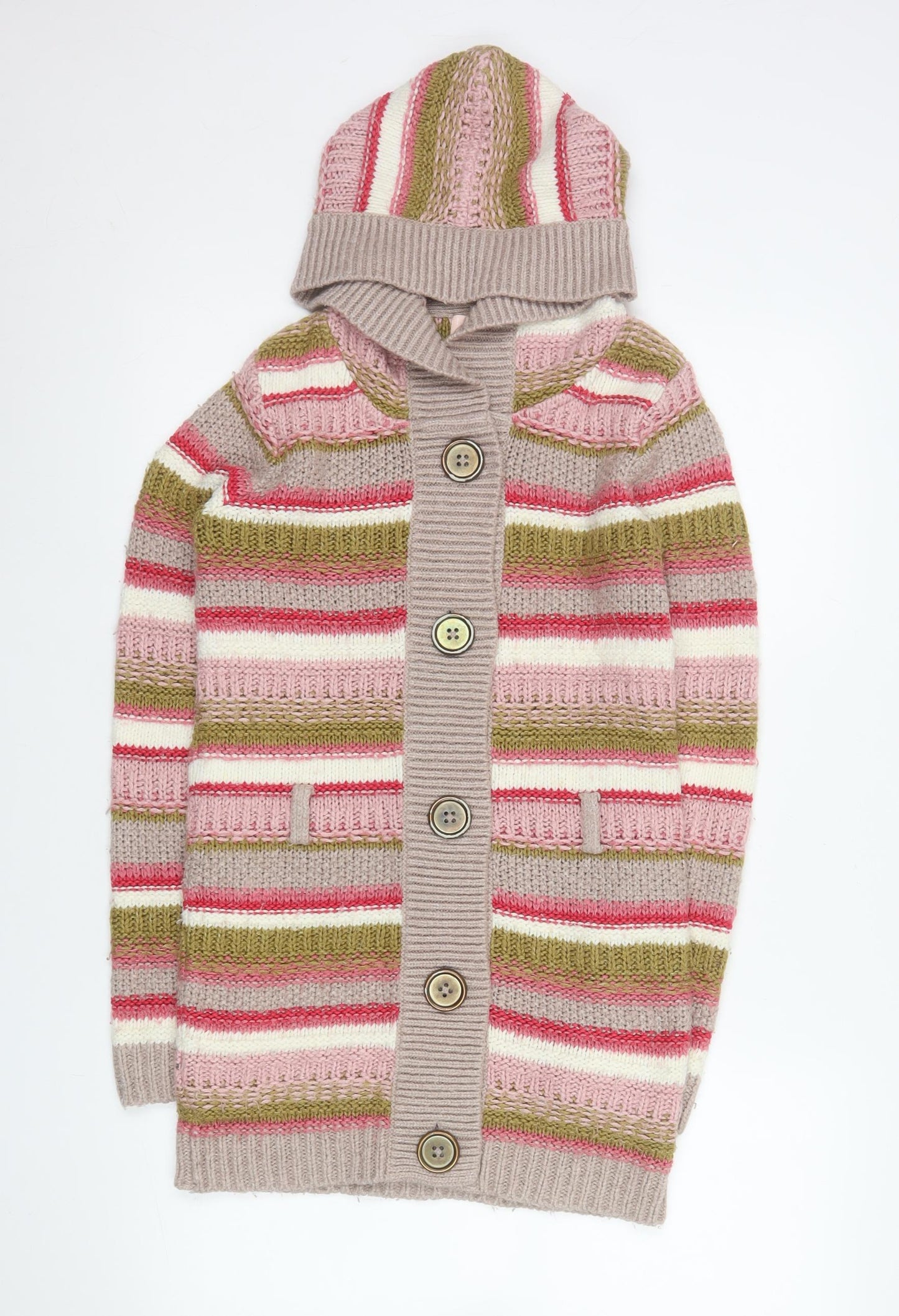 Next Girls Multicoloured Hooded Cardigan 11-12 Years Striped Knit Button Front
