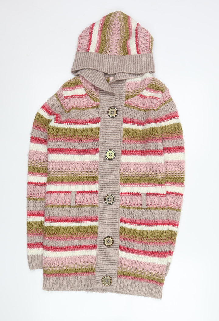 Next Girls Multicoloured Hooded Cardigan 11-12 Years Striped Knit Button Front