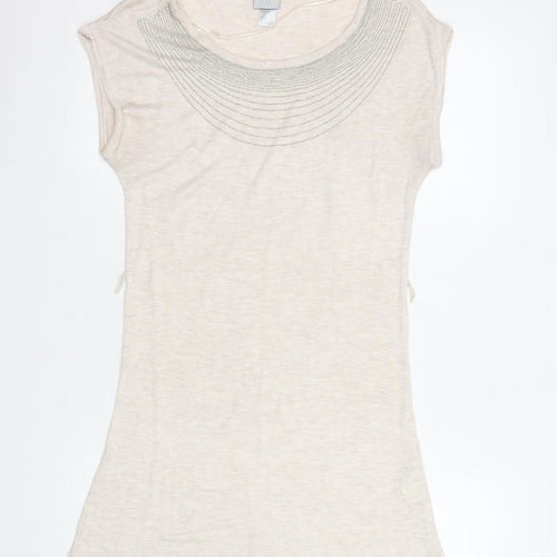 H&M Women Beige Beaded Crew Neck Short Sleeve Top Size S