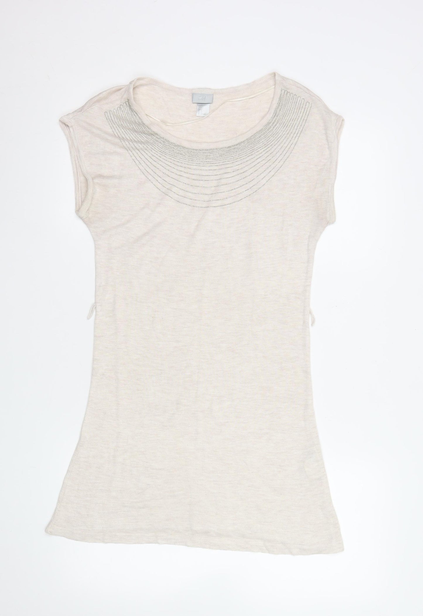 H&M Women Beige Beaded Crew Neck Short Sleeve Top Size S