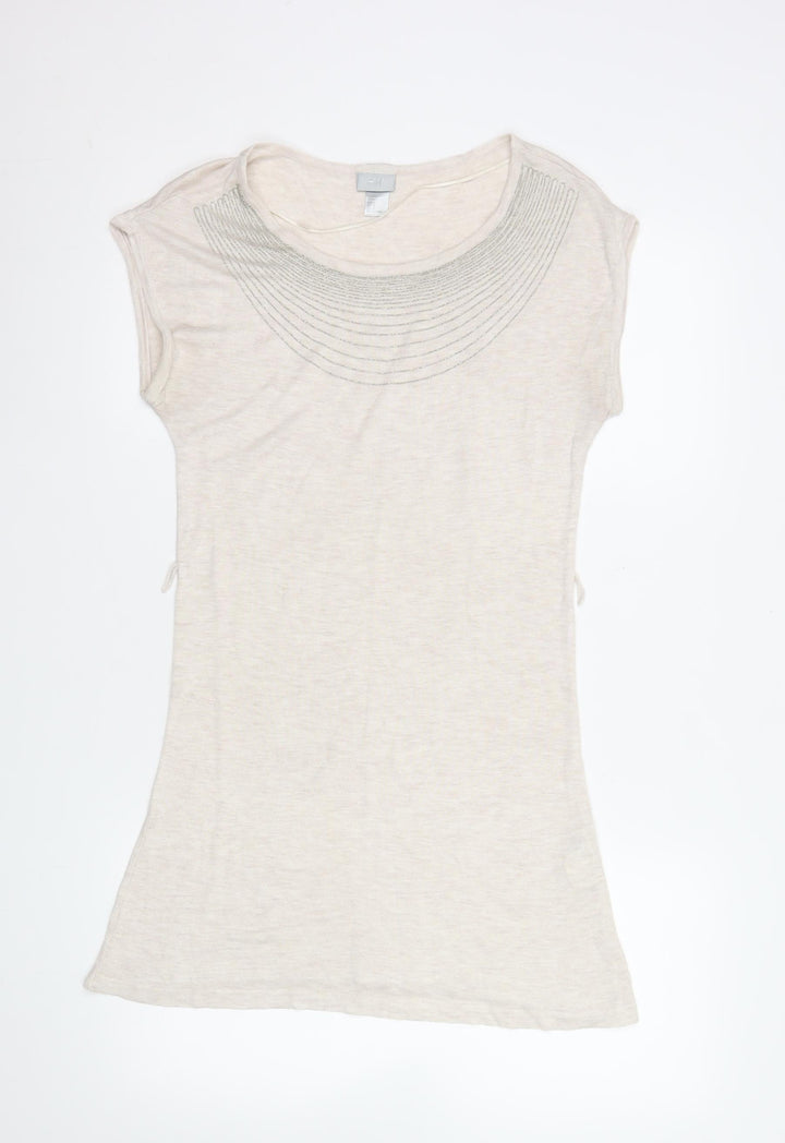 H&M Women Beige Beaded Crew Neck Short Sleeve Top Size S