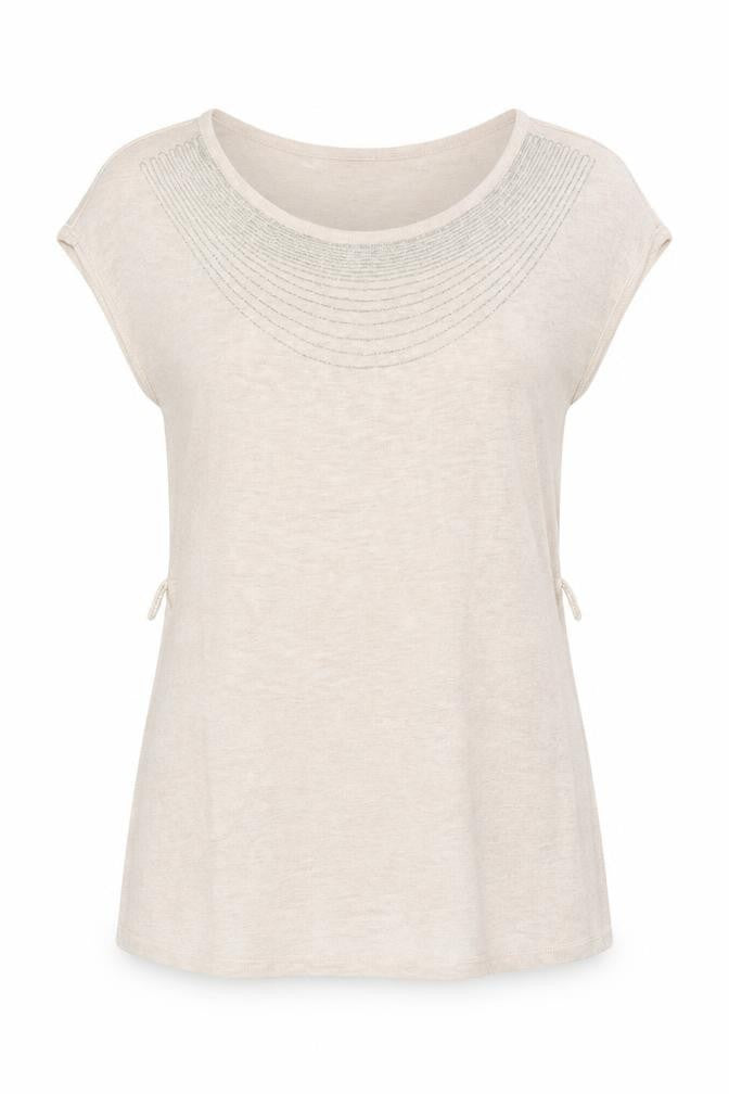 H&M Women Beige Beaded Crew Neck Short Sleeve Top Size S