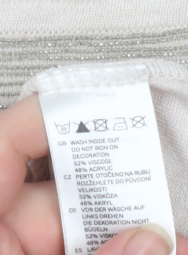 H&M Women Beige Beaded Crew Neck Short Sleeve Top Size S