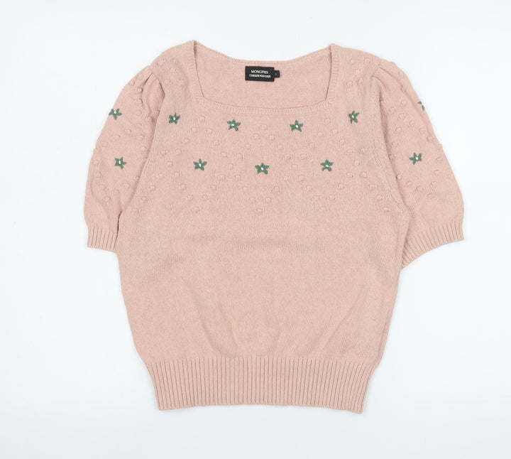 Monoprix Women's Pink Square Neck Short Puff Sleeve Cotton Jumper Size S