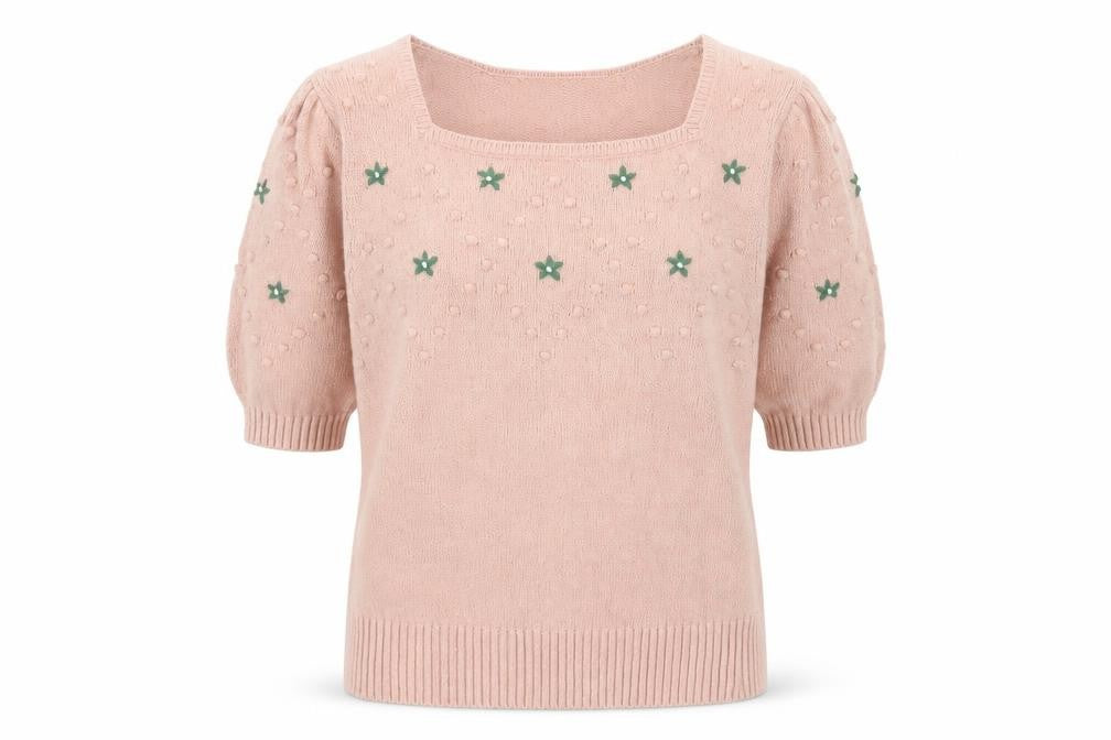 Front view of Monoprix Women's Pink Square Neck Short Puff Sleeve Cotton Jumper, size S
