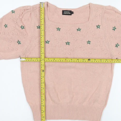Monoprix Women's Pink Square Neck Short Puff Sleeve Cotton Jumper Size S