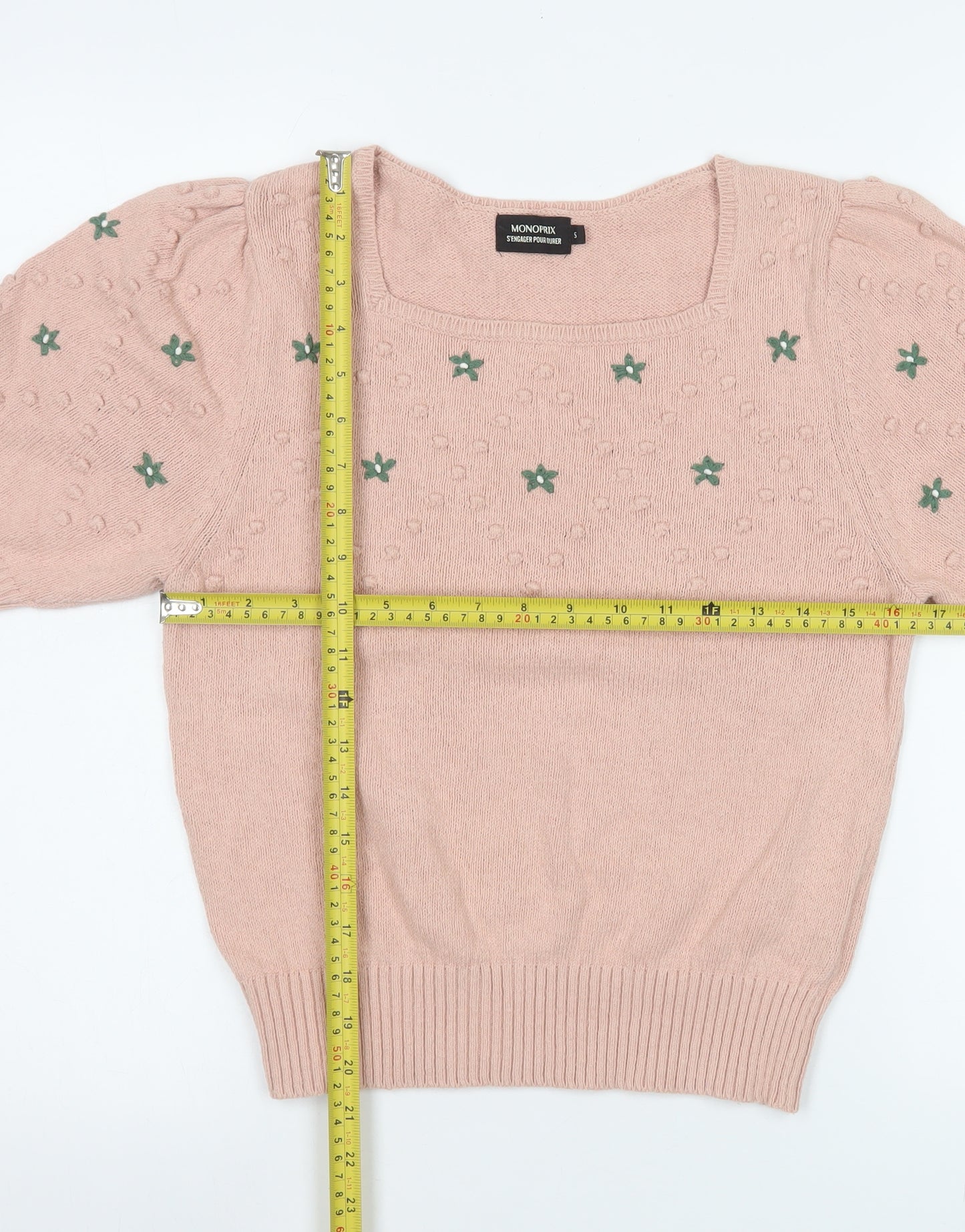 Monoprix Women's Pink Square Neck Short Puff Sleeve Cotton Jumper Size S