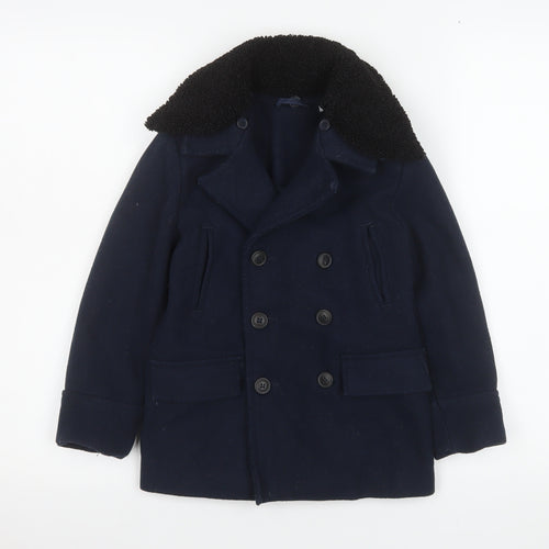 Marks and Spencer Boys Blue Wool Blend Pea Coat 5-6 Years Double Breasted Winter Jacket