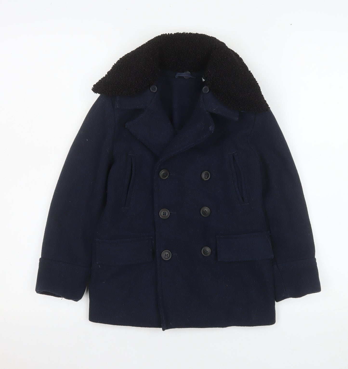 Marks and Spencer Boys Blue Wool Blend Pea Coat 5-6 Years Double Breasted Winter Jacket