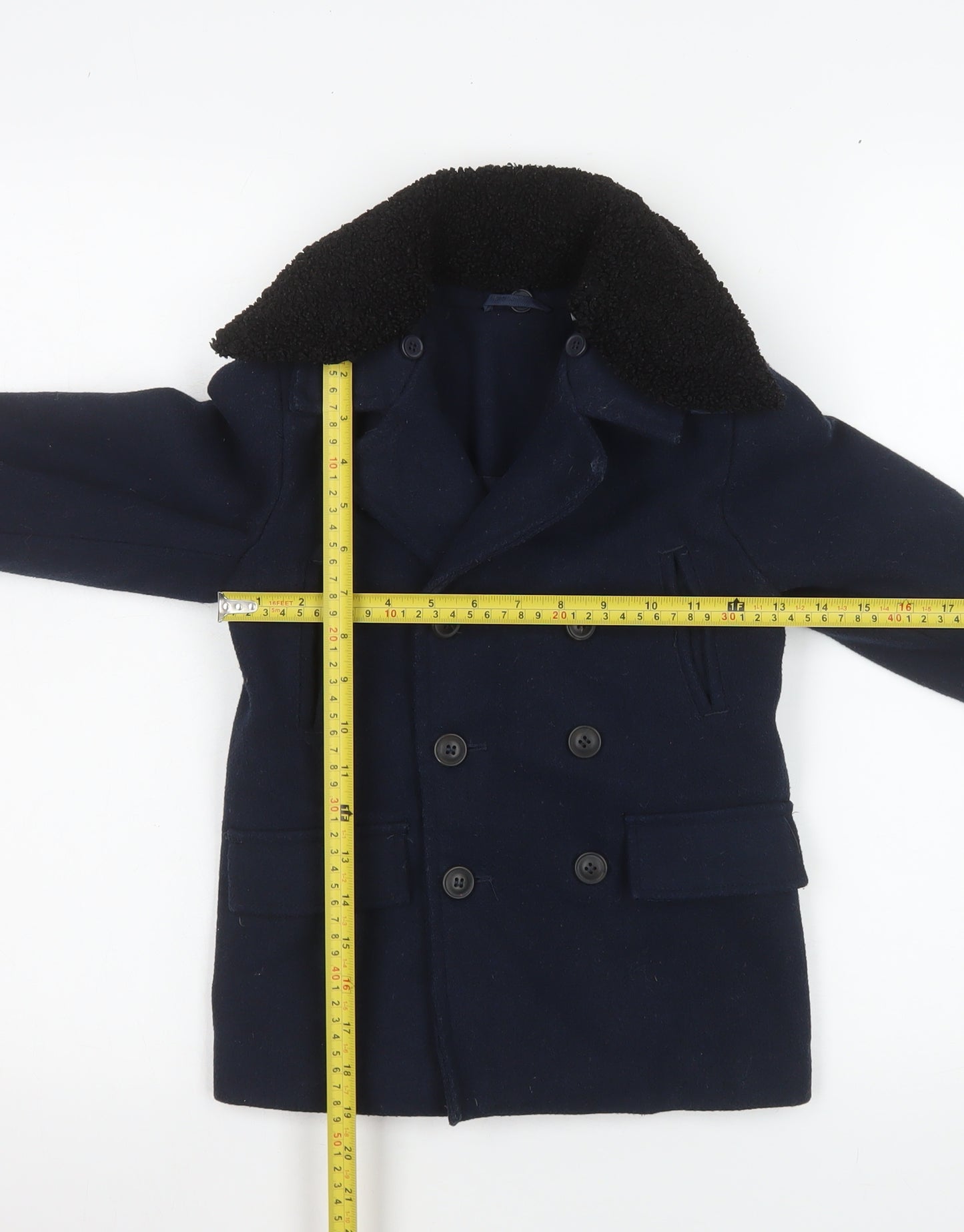 Marks and Spencer Boys Blue Wool Blend Pea Coat 5-6 Years Double Breasted Winter Jacket