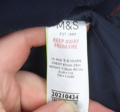 Marks and Spencer Boys Blue Wool Blend Pea Coat 5-6 Years Double Breasted Winter Jacket