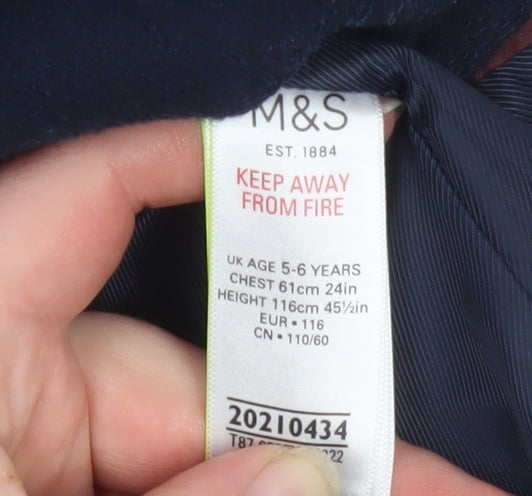 Marks and Spencer Boys Blue Wool Blend Pea Coat 5-6 Years Double Breasted Winter Jacket