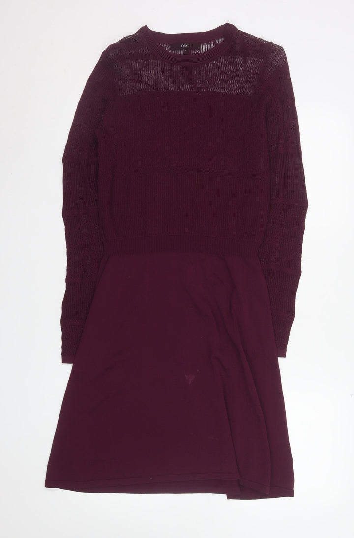 Next Women Purple Knit Fit & Flare Dress Size 8 Long Sleeve