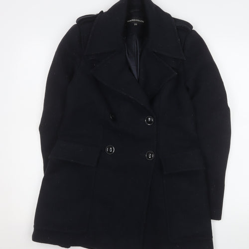 Warehouse Women's Black Wool Pea Coat Size 10 Classic Mid-Length