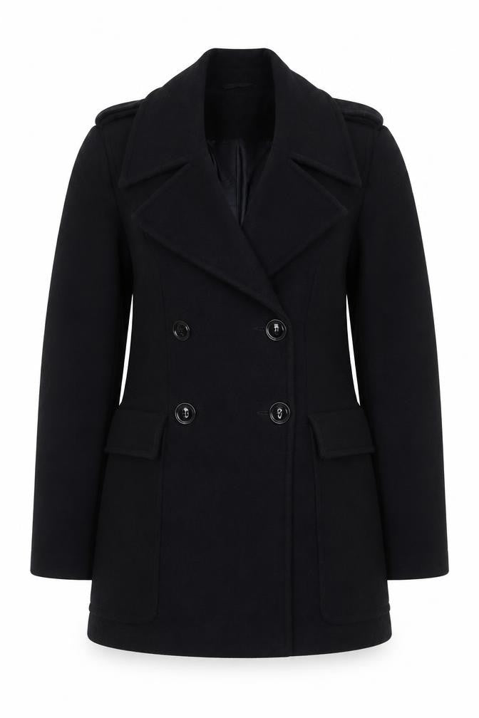Front view of Warehouse Women's Black Wool Pea Coat, size 10, Classic Mid-Length