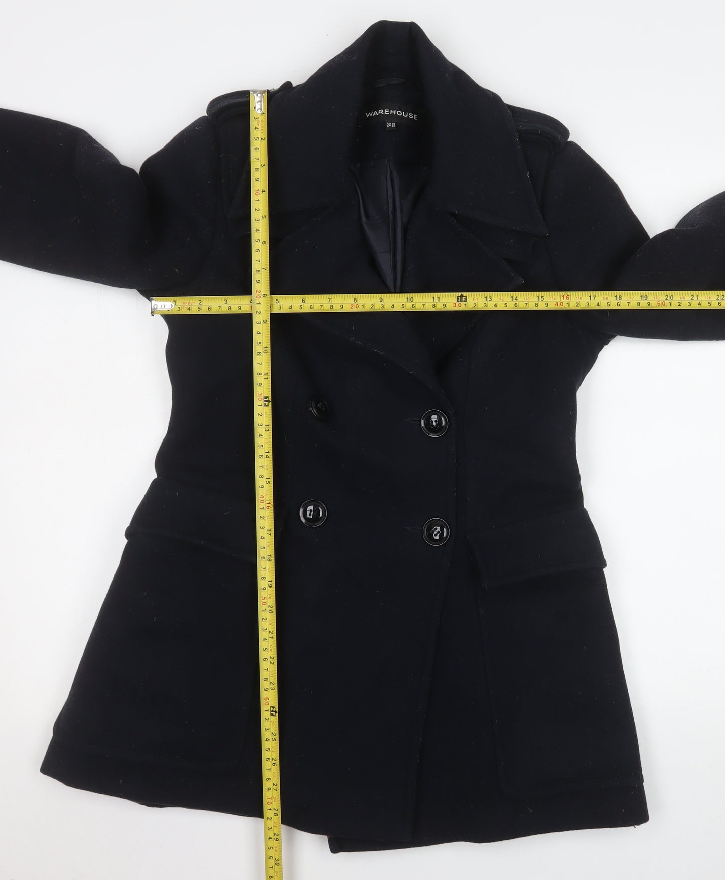 Warehouse Women's Black Wool Pea Coat Size 10 Classic Mid-Length